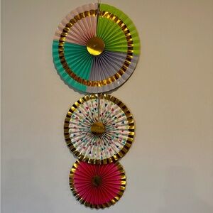 Colorful Hanging Paper Fans with Gold Accents